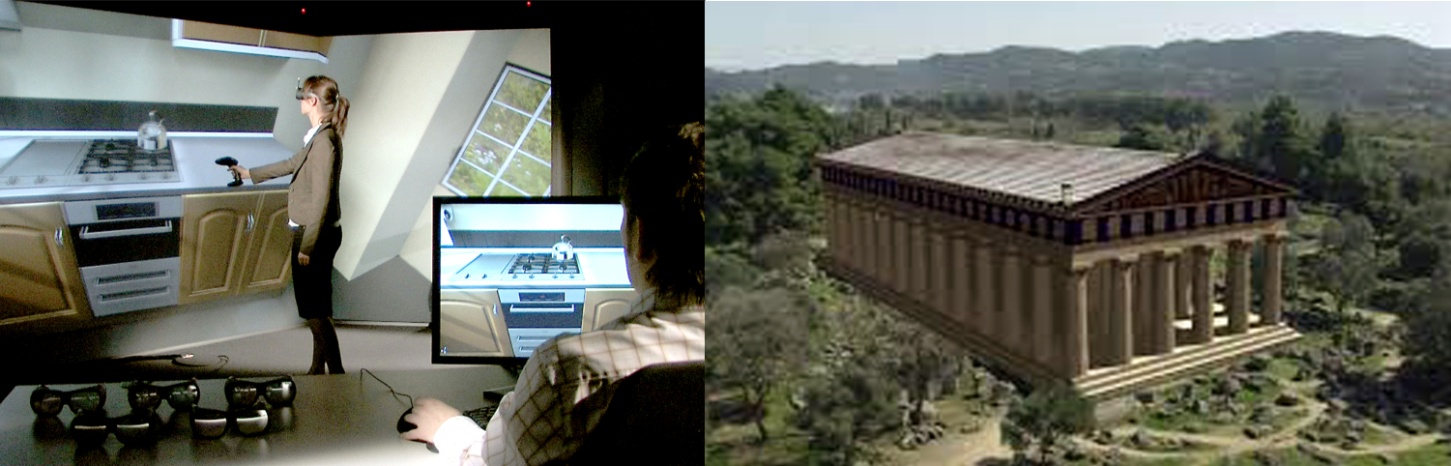 Trải nghiệm không gian kiến trúc trong CAVE của môi trường VR; (b) Di tích đền thờ ảo xuất hiện trong thời gian thực (real-time) trên khu đất thực địa (dự án Archeoguide - Hy Lạp -Nguồn internet)