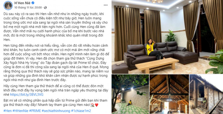 Hoa hậu H’Hen Niê chia sẻ hình ảnh về ngôi nhà thân thương và hưởng ứng thử thách “Cùng Dựng Xây Ngôi Nhà Hy Vọng”.